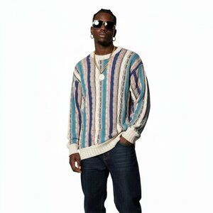 Vintage Cotton Traders 3D Knit Striped‎ Sweater Large Cosby Colorful Grandpa Vtg